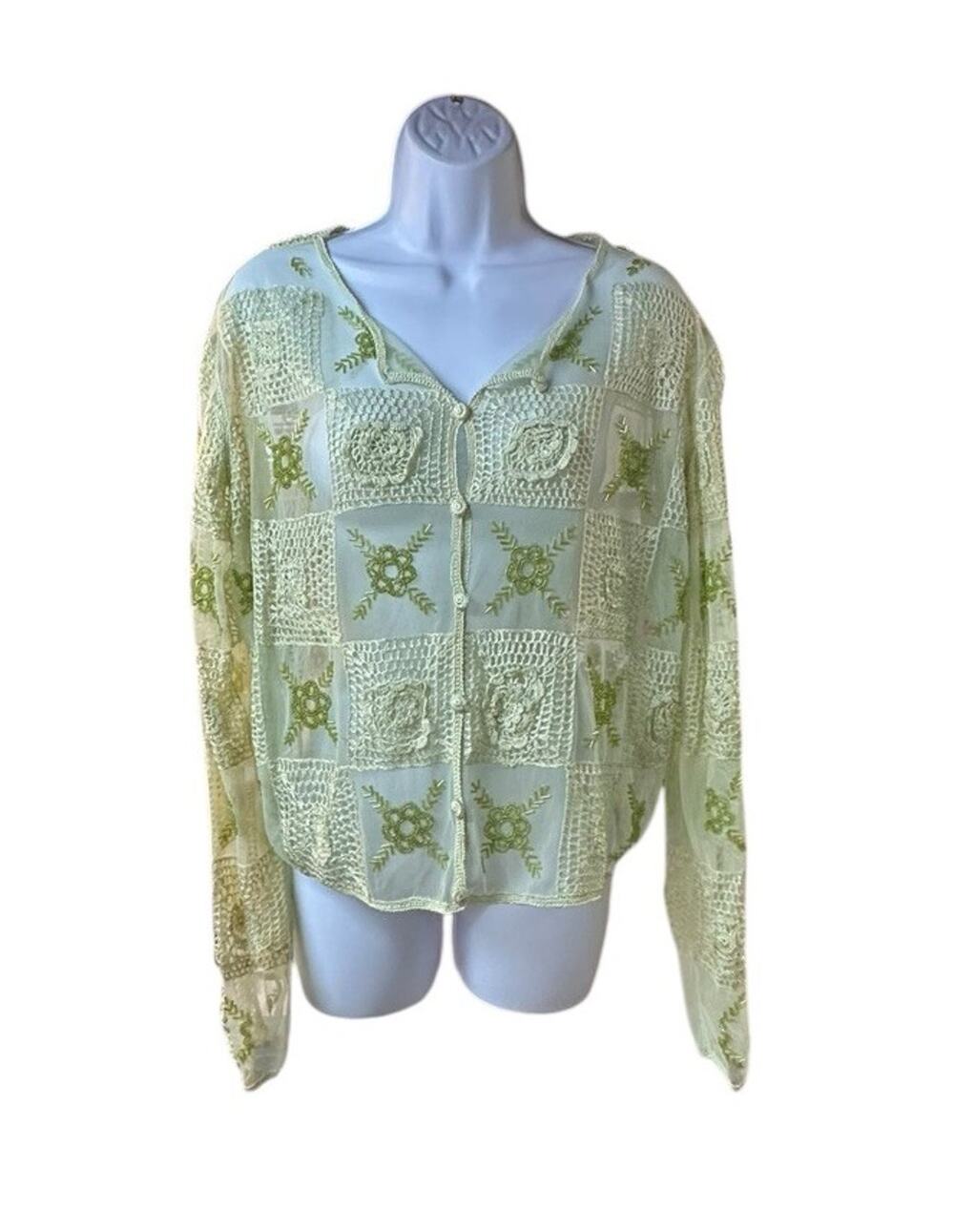 Vintage Gantos Sheer Crochet Beaded Top Pastel Green Boho Cottagecore 90s Large